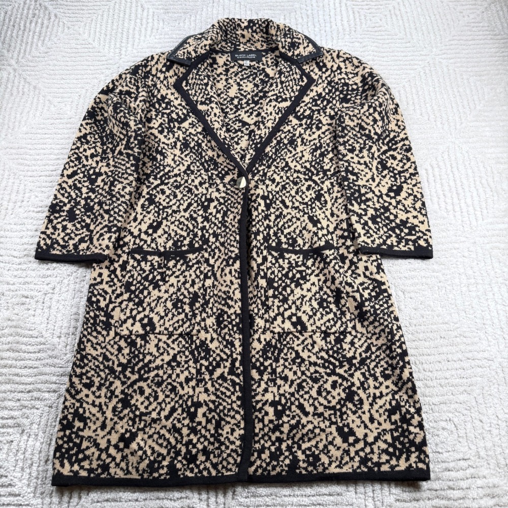 Black Label Evan-Picone Coatigan Women's Small Tan Black Abstract Knit Cardigan